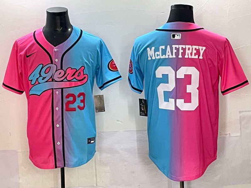 Men 2025 San Francisco 49ers 23 Mccaffrey Blue pink Nike Limited NFL Jersey style 05